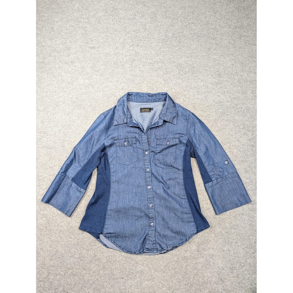 Cavalini Shirt Womens Petite Large Blue Chambray Colorblock 3/4 Sleeve Top